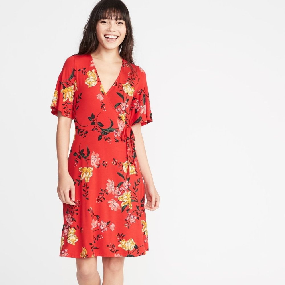 Old Navy Retro Boho 70s Red Floral Flare Sleeve Jersey Knit Wrap Tie Midi Dress